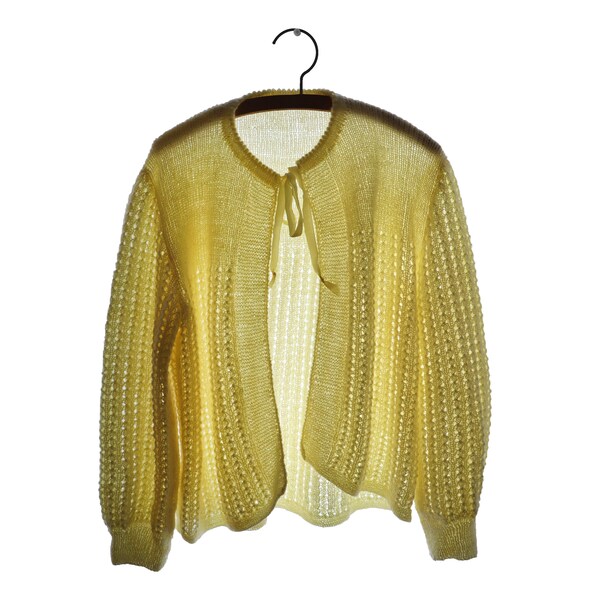 Vintage 1960 Cardigan laine jaune clair, manches longues Tricoté main