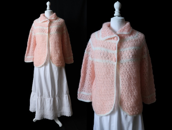 Vintage 1960 Handmade crochet pink wool cardigan,… - image 2