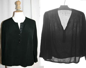 Vintage 1940's, Black silk blouse, long sleeves, upcycled
