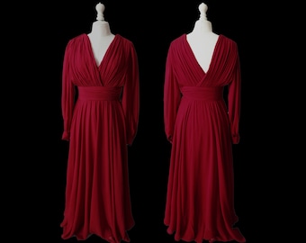 Vintage 1960/70 Maxi seamstress dress in cherry-colored silk chiffon, long sleeves. Size XS