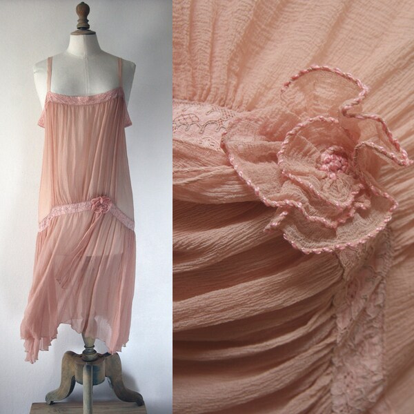 Lingerie 1920's style, Chiffon silk slip, fully handstitched, powder pink.