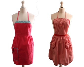 1950/70 Old linen, 2 women's cotton aprons, fuchsia and red/white