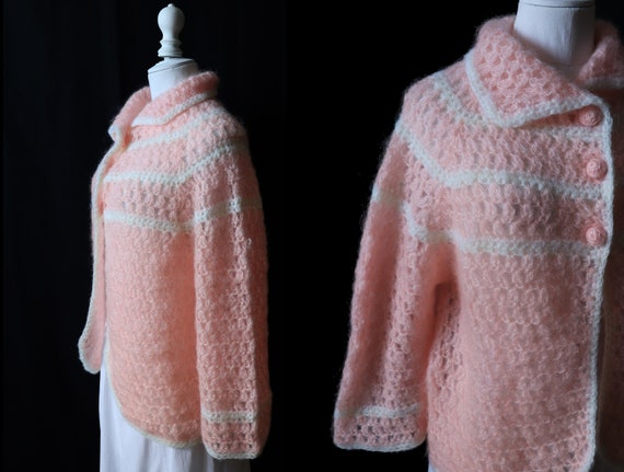 Vintage 1960 Handmade crochet pink wool cardigan,… - image 4