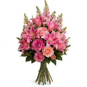 May include: A floral bouquet featuring pink lilies, vibrant pink roses, and soft peach roses, accented with tall stalks of pink snapdragons and green foliage. The stems are gathered together at the base, creating a structured, upright arrangement.