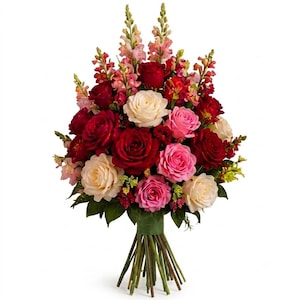 May include: A floral bouquet featuring deep red, light pink, and cream-coloured roses arranged with tall, slender stalks of pink snapdragons. The flowers are gathered together with green stems visible at the base, creating a rounded, full arrangement.