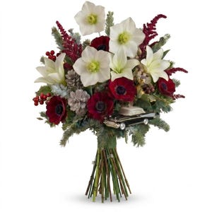 May include: A festive floral bouquet featuring white hellebore and lily flowers, deep red anemones, burgundy astilbe, pine sprigs, silver-toned pinecones, and red berries, accented by a small black and white vintage car model ornament.