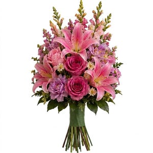 May include: A floral bouquet featuring vibrant pink lilies, deep magenta roses, light purple carnations, and tall snapdragon stalks. The arrangement includes small white filler flowers and green foliage, all gathered together with a green stem wrap.