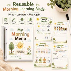 Puede incluir: Un archivador de aprendizaje matutino reutilizable con una portada titulada My Morning Menu y una ilustración de un sol. Incluye cuatro hojas de actividades para registrar el clima, sentimientos, meses, estaciones y fechas con gráficos naturales.