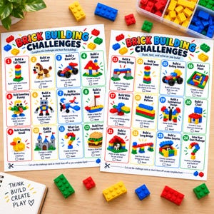 May include: Two white sheets titled Brick Building Challenges featuring twenty-four numbered squares with colorful illustrations of plastic brick constructions, instructions, and checkboxes, surrounded by loose plastic building bricks.