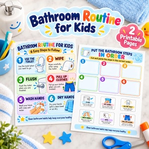 Op de afbeelding: Twee printbare pagina's getiteld Bathroom Routine for Kids met zes geïllustreerde stappen, waaronder het toilet gebruiken, afvegen, doortrekken, kleding omhoog trekken, handen wassen en afdrogen, met een pagina om stappen te ordenen.