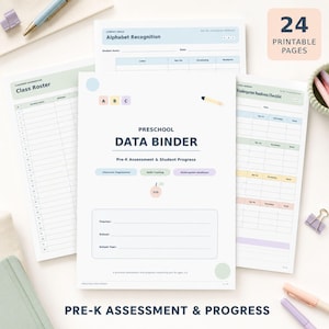 Puede incluir: Un conjunto de 24 páginas imprimibles para una carpeta de datos preescolares, con formularios de evaluación y seguimiento del progreso. La portada muestra el texto Preschool Data Binder, Pre-K Assessment & Student Progress con campos para profesor, escuela y año.