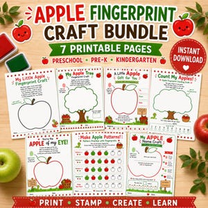 Apple Fingerprint Craft Bundle, Preschool Handprint & Learning Activities, 7-Page Printable PDF