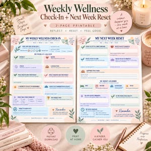 May include: A two-page printable Weekly Wellness Check-In and Next Week Reset planner. The sheets feature pastel-coloured sections with prompts for energy, mood, focus, and connection, alongside floral accents and the text Weekly Wellness Check-In + Next Week Reset.