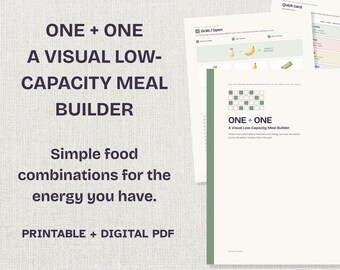 May include: A digital PDF meal builder titled ONE + ONE A VISUAL LOW-CAPACITY MEAL BUILDER. The document features simple food combinations for the energy you have, with pages showing a grid, food icons, and a quick card for meal planning.