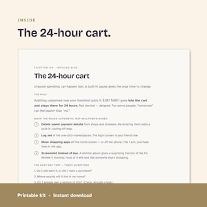 Close-up of the 24-hour cart worksheet with a pause rule, four friction steps and three next-day questions for unplanned purchases.