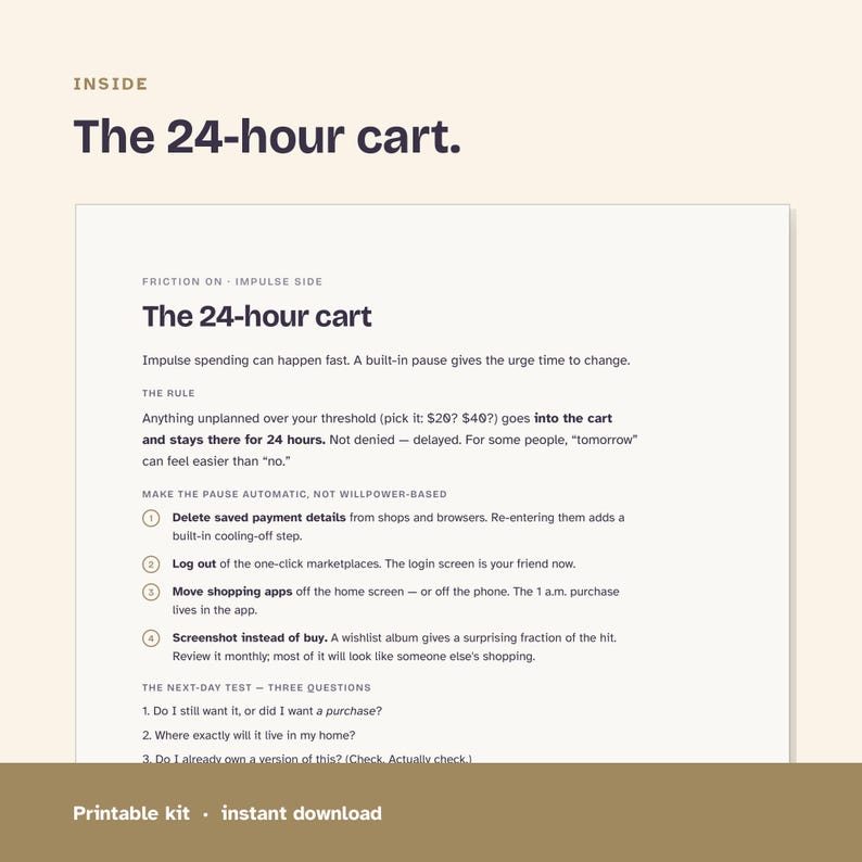 Close-up of the 24-hour cart worksheet with a pause rule, four friction steps and three next-day questions for unplanned purchases.