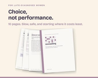 May include: A 10-page printable workbook titled Unmasking, featuring a white cover with a purple grid logo and text. The workbook includes internal pages with checklists and headers like What am I acting, all presented in a clean, professional layout.