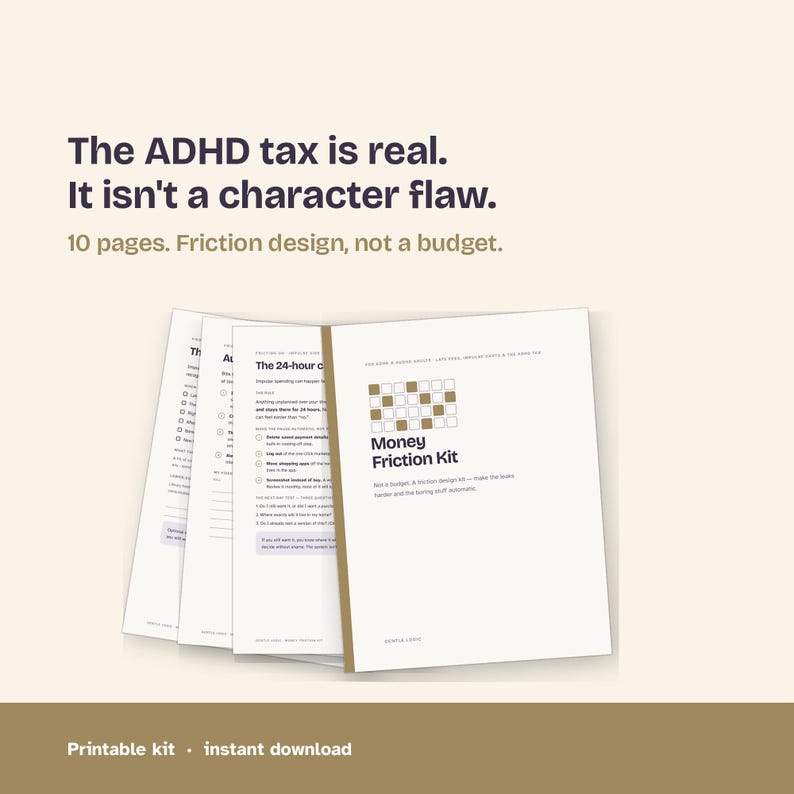 Square Etsy listing image for the Money Friction Kit showing four printable workbook pages and the text “The ADHD tax is real. It isn't a character flaw.”