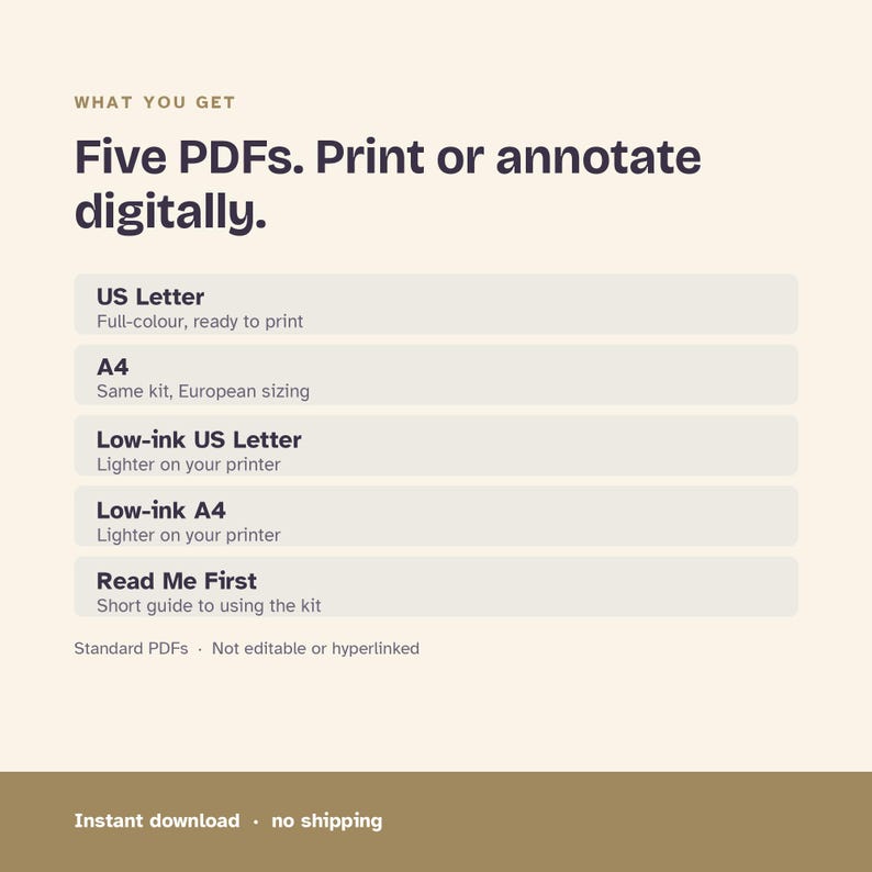 Five included PDF files listed as full-colour US Letter, full-colour A4, low-ink US Letter, low-ink A4 and Read Me First.