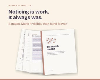 May include: The Invisible Load Kit is an 8-page printable document set. The cover features the title, a grid icon, and descriptive text. Interior pages include checklists and handover templates with dark text on a white background, designed for household management.