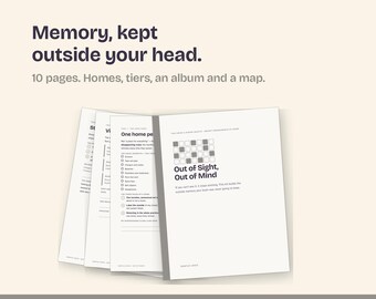 May include: A ten-page printable kit featuring white paper sheets with black text and a grid graphic. The cover page displays the title Out of Sight, Out of Mind, while inner pages include checklists and organizational guides for home storage.