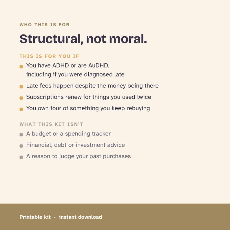 Who the Money Friction Kit is for and what it is not, with examples including late fees, forgotten subscriptions and repeated purchases.