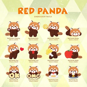May include: A collection of twelve red panda embroidery patches featuring various poses and items including a lollipop, heart, flowers, apple, cake, and tea. Each patch includes text labels like Red Panda-Clapping, Hello, Sleepy, Hug, Love, OK, and OMG with dimensions in mm.