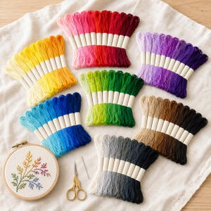 May include: A collection of embroidery floss skeins in various colors including yellow, pink, red, purple, green, blue, brown, gray, and black, each wrapped with a paper band. Includes a round wooden embroidery hoop with a stitched fern design.