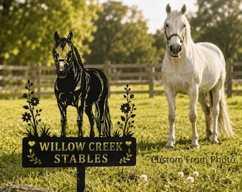 Custom Horse Stable Sign, Personalized Farm Name Stake, Equestrian Garden Decor, Pet Photo Silhouette
