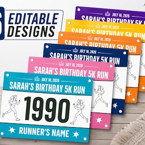 Peut inclure: Six modèles de dossards rectangulaires en violet, jaune, orange, bleu foncé, rose et bleu sarcelle. Chacun affiche le texte SARAH'S BIRTHDAY 5K RUN, JULY 18, 2026, une illustration de coureur, le nombre 1990 et un espace RUNNER'S NAME.