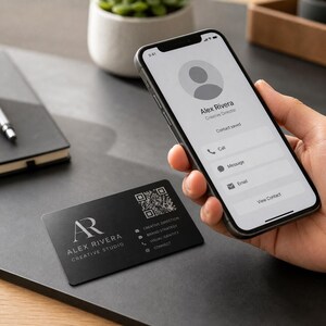 May include: A black rectangular business card with white text reading Alex Rivera Creative Studio, a QR code, and contact details, displayed next to a smartphone screen showing a contact profile for Alex Rivera with call, message, and email buttons.