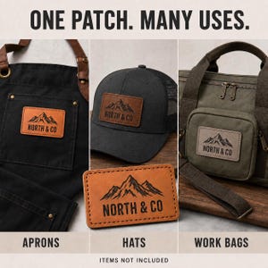 May include: A rectangular tan leather patch featuring a black mountain graphic and the text NORTH & CO. The patch is shown applied to a black apron, a black baseball cap, and an olive green work bag, with the text ONE PATCH. MANY USES.