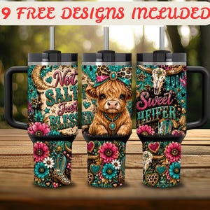 40 Oz Tumbler Wrap PNG, Highland Cow, Western Boots, Floral Design (Digital Download)