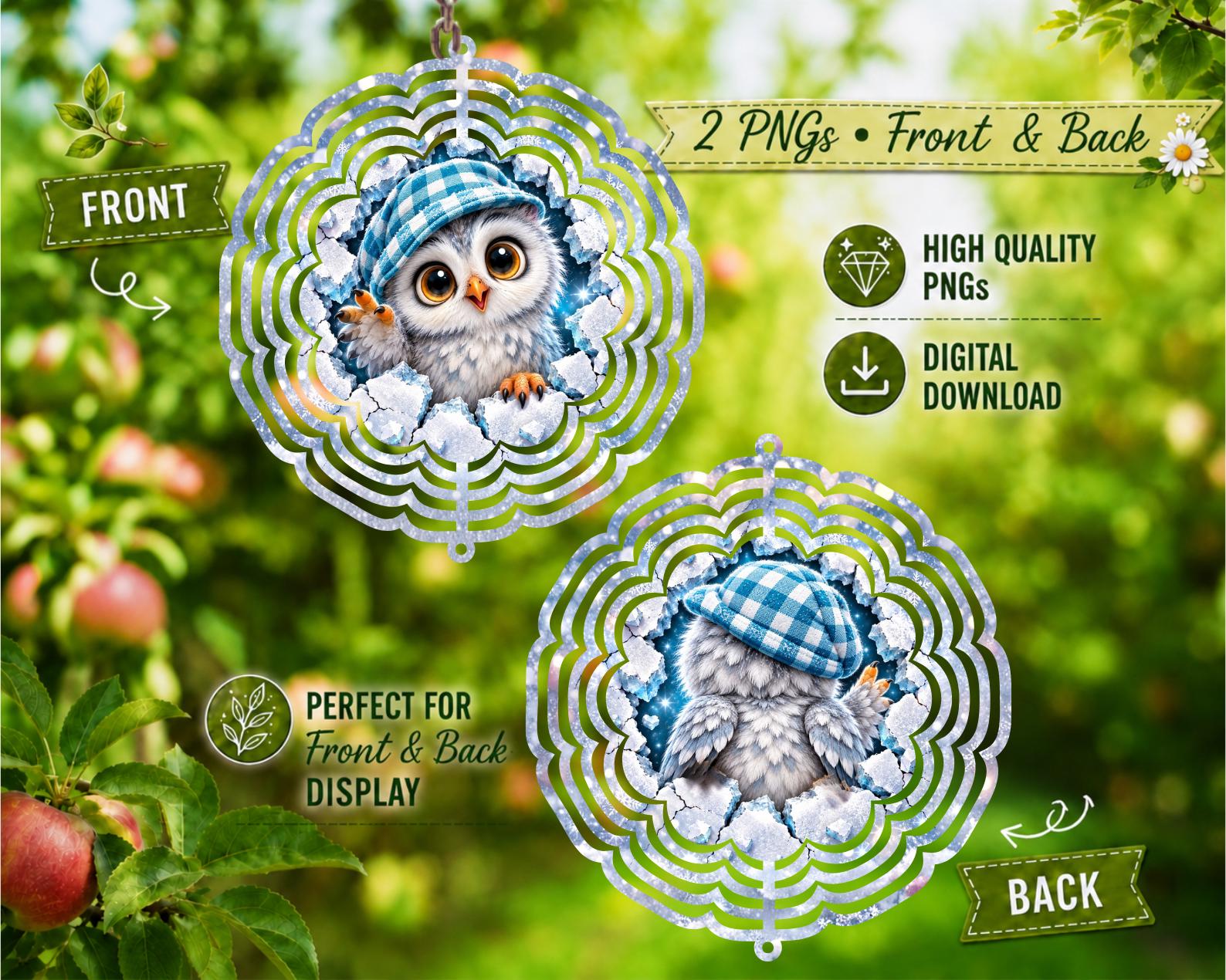 Cute Winter Owl Front & Back Wind Spinner Design, Owl PNG, Two Sided Winter Sublimation Spinner