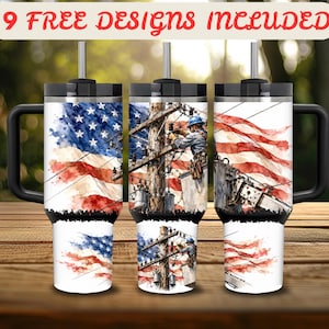 Op de afbeelding: Een roestvrijstalen beker met handvat en rietje, voorzien van een aquareltekening van een Amerikaanse vlag en een elektricien op een elektriciteitspaal. De tekst 9 FREE DESIGNS INCLUDED staat bovenaan. Het ontwerp loopt rondom de beker.