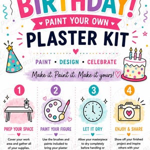 May include: A colorful instructional graphic for a birthday plaster kit featuring the text IT'S MY BIRTHDAY! PAINT YOUR OWN PLASTER KIT. It includes illustrations of balloons, a cake, a party hat, and four numbered steps for painting.