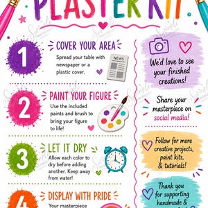 May include: A colourful instructional poster titled PAINT YOUR OWN PLASTER KIT. It features four numbered steps with icons for covering the area, painting, drying, and displaying. Includes illustrations of paintbrushes, a palette, and a clock.