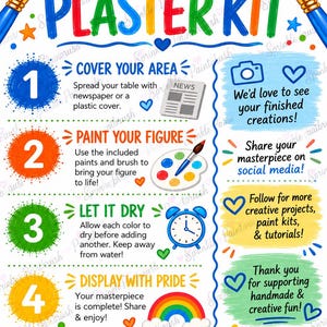 Peut inclure: Une affiche pédagogique colorée intitulée Paint Your Own Plaster Kit. Elle présente quatre étapes numérotées avec des icônes incluant un journal, une palette de peinture, un réveil et un arc-en-ciel, ainsi que des textes pour le partage social.