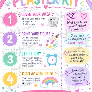 Può includere: Un foglio di istruzioni colorato per un kit di gesso da dipingere. Presenta quattro passaggi numerati con icone tra cui un giornale, una tavolozza di colori, una sveglia e un arcobaleno. Il testo include istruzioni per la pittura e la condivisione.