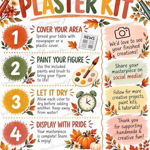 Puede incluir: Una hoja de instrucciones para un kit de yeso para pintar, decorada con hojas de otoño y calabazas. Incluye cuatro pasos numerados, ilustraciones de un pincel, paleta y reloj, y texto que invita a compartir en redes sociales.