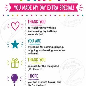 May include: A colorful birthday party thank you card featuring the text THANK YOU FOR COMING TO MY BIRTHDAY PARTY! YOU MADE MY DAY EXTRA SPECIAL! It includes various icons like hearts, stars, a gift, a balloon, and a smiley face with text sections expressing gratitude for guests, gifts, and shared memories.