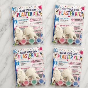 May include: Four clear plastic bags containing a Paint Your Own Plaster Kit. Each kit includes a white plaster rocket and astronaut figure, three small paint pots in various colors, and a printed instruction card with colorful graphics.