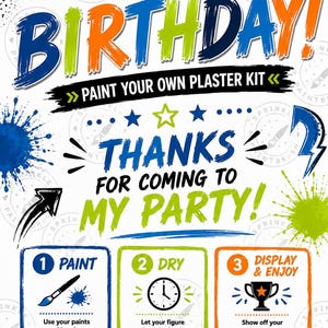 May include: A white instructional card for a paint your own plaster kit with colorful text reading IT'S MY BIRTHDAY! PAINT YOUR OWN PLASTER KIT, THANKS FOR COMING TO MY PARTY! and three numbered steps: 1 PAINT, 2 DRY, 3 DISPLAY & ENJOY with icons.