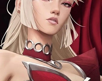 May include: A digital illustration of a character with blonde hair, pink eyeshadow, and a silver choker featuring circular accents. The character wears a red garment with silver metallic trim. The text KAI'SA is at the bottom.