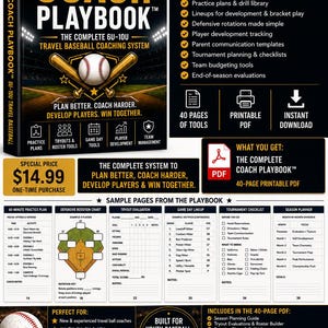 Könnte beinhalten: Ein digitales Coaching-System mit dem Titel The Complete Coach Playbook für 6U-10U Jugend-Baseball. Die schwarz-goldene Grafik zeigt einen Baseball, Schläger und listet Funktionen wie Trainingspläne, Auswahlbewertungen und Turnier-Checklisten auf.