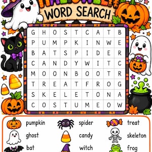 May include: A Halloween word search puzzle featuring a grid of letters surrounded by colorful illustrations of a ghost, a black cat, a pumpkin, a bat, a cauldron, and candy corn. The text HALLOWEEN WORD SEARCH is at the top with a list of words below.