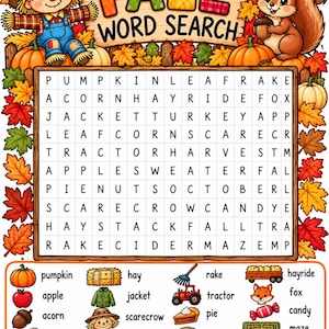 Puede incluir: Una sopa de letras temática de otoño con una cuadrícula de letras rodeada de ilustraciones de un espantapájaros, una ardilla, calabazas y hojas coloridas. La sección inferior muestra una lista de palabras con sus iconos.