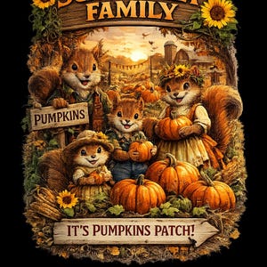 Könnte beinhalten: Ein Grafikdruck mit vier Eichhörnchen in einem Kürbisfeld mit Sonnenblumen. Der Text lautet SQUIRRELY FAMILY, PUMPKINS und IT'S PUMPKINS PATCH! Die Szene zeigt orangefarbene Kürbisse, ein Holzschild und einen Bauernhof im Hintergrund bei Sonnenuntergang.