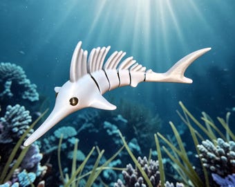 May include: A white articulated swordfish figurine with a segmented body, a long pointed snout, and dark circular eyes. The fish features a prominent dorsal fin and a forked tail, designed with multiple flexible joints along its spine.