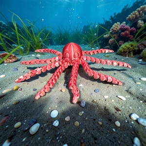 May include: A bright red articulated octopus figurine with a smooth, rounded head and multiple segmented, flexible tentacles extending outward. The creature features a simple, friendly facial expression with curved eyes and a small mouth.